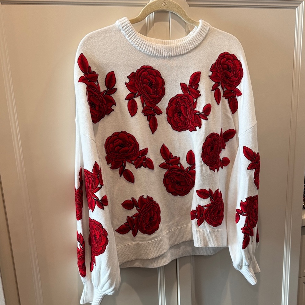 Alice + Olivia White Sweater with Red Floral Design
